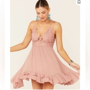 Free People Adella Lace Slip Mini Dress Rose V Neck NEW